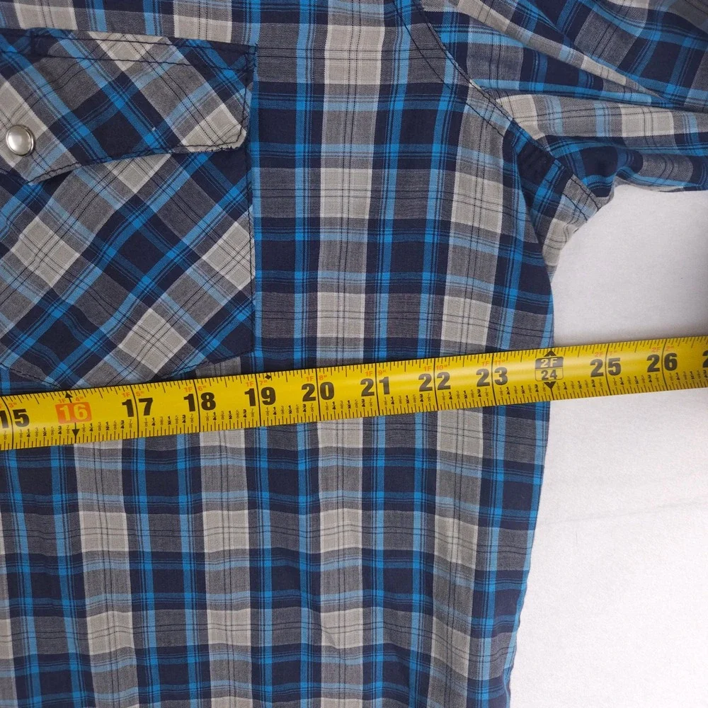 Vintage Wrangler‎ Wrancher Pearl Snap Shirt XL Blue Plaid Short Sleeve Western - Picture 7 of 8